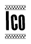 The image is a black and white clipart of the text Ico in a bold, italicized font. The text is bordered by a dotted line on the top and bottom, and there are checkered flags positioned at both ends of the text, usually associated with racing or finishing lines.