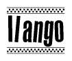 The image is a black and white clipart of the text Ilango in a bold, italicized font. The text is bordered by a dotted line on the top and bottom, and there are checkered flags positioned at both ends of the text, usually associated with racing or finishing lines.