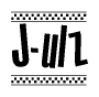 The image is a black and white clipart of the text J-ulz in a bold, italicized font. The text is bordered by a dotted line on the top and bottom, and there are checkered flags positioned at both ends of the text, usually associated with racing or finishing lines.
