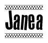 The image is a black and white clipart of the text Janea in a bold, italicized font. The text is bordered by a dotted line on the top and bottom, and there are checkered flags positioned at both ends of the text, usually associated with racing or finishing lines.