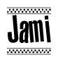The clipart image displays the text Jami in a bold, stylized font. It is enclosed in a rectangular border with a checkerboard pattern running below and above the text, similar to a finish line in racing. 