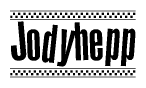 The image is a black and white clipart of the text Jodyhepp in a bold, italicized font. The text is bordered by a dotted line on the top and bottom, and there are checkered flags positioned at both ends of the text, usually associated with racing or finishing lines.