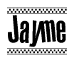 The clipart image displays the text Jayme in a bold, stylized font. It is enclosed in a rectangular border with a checkerboard pattern running below and above the text, similar to a finish line in racing. 