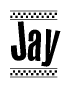 The clipart image displays the text Jay in a bold, stylized font. It is enclosed in a rectangular border with a checkerboard pattern running below and above the text, similar to a finish line in racing. 
