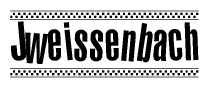 The image is a black and white clipart of the text Jweissenbach in a bold, italicized font. The text is bordered by a dotted line on the top and bottom, and there are checkered flags positioned at both ends of the text, usually associated with racing or finishing lines.