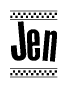 The clipart image displays the text Jen in a bold, stylized font. It is enclosed in a rectangular border with a checkerboard pattern running below and above the text, similar to a finish line in racing. 