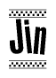 The image is a black and white clipart of the text Jin in a bold, italicized font. The text is bordered by a dotted line on the top and bottom, and there are checkered flags positioned at both ends of the text, usually associated with racing or finishing lines.