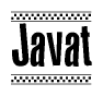 The image contains the text Javat in a bold, stylized font, with a checkered flag pattern bordering the top and bottom of the text.