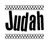 The image is a black and white clipart of the text Judah in a bold, italicized font. The text is bordered by a dotted line on the top and bottom, and there are checkered flags positioned at both ends of the text, usually associated with racing or finishing lines.