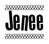 The clipart image displays the text Jenee in a bold, stylized font. It is enclosed in a rectangular border with a checkerboard pattern running below and above the text, similar to a finish line in racing. 