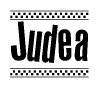The image contains the text Judea in a bold, stylized font, with a checkered flag pattern bordering the top and bottom of the text.