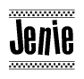 The image is a black and white clipart of the text Jenie in a bold, italicized font. The text is bordered by a dotted line on the top and bottom, and there are checkered flags positioned at both ends of the text, usually associated with racing or finishing lines.