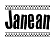 The image is a black and white clipart of the text Janean in a bold, italicized font. The text is bordered by a dotted line on the top and bottom, and there are checkered flags positioned at both ends of the text, usually associated with racing or finishing lines.