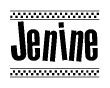 The image contains the text Jenine in a bold, stylized font, with a checkered flag pattern bordering the top and bottom of the text.