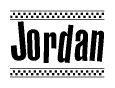 The image is a black and white clipart of the text Jordan in a bold, italicized font. The text is bordered by a dotted line on the top and bottom, and there are checkered flags positioned at both ends of the text, usually associated with racing or finishing lines.