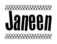 The clipart image displays the text Janeen in a bold, stylized font. It is enclosed in a rectangular border with a checkerboard pattern running below and above the text, similar to a finish line in racing. 