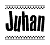 The image contains the text Juhan in a bold, stylized font, with a checkered flag pattern bordering the top and bottom of the text.