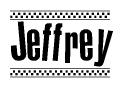 The clipart image displays the text Jeffrey in a bold, stylized font. It is enclosed in a rectangular border with a checkerboard pattern running below and above the text, similar to a finish line in racing. 