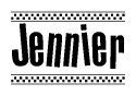 The image is a black and white clipart of the text Jennier in a bold, italicized font. The text is bordered by a dotted line on the top and bottom, and there are checkered flags positioned at both ends of the text, usually associated with racing or finishing lines.