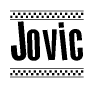 The image contains the text Jovic in a bold, stylized font, with a checkered flag pattern bordering the top and bottom of the text.