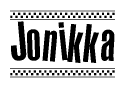 The clipart image displays the text Jonikka in a bold, stylized font. It is enclosed in a rectangular border with a checkerboard pattern running below and above the text, similar to a finish line in racing. 