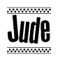 The image is a black and white clipart of the text Jude in a bold, italicized font. The text is bordered by a dotted line on the top and bottom, and there are checkered flags positioned at both ends of the text, usually associated with racing or finishing lines.