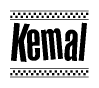 The clipart image displays the text Kemal in a bold, stylized font. It is enclosed in a rectangular border with a checkerboard pattern running below and above the text, similar to a finish line in racing. 
