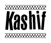 The clipart image displays the text Kashif in a bold, stylized font. It is enclosed in a rectangular border with a checkerboard pattern running below and above the text, similar to a finish line in racing. 