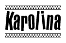 The image contains the text Karolina in a bold, stylized font, with a checkered flag pattern bordering the top and bottom of the text.
