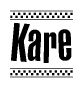 The clipart image displays the text Kare in a bold, stylized font. It is enclosed in a rectangular border with a checkerboard pattern running below and above the text, similar to a finish line in racing. 