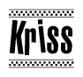 The image is a black and white clipart of the text Kriss in a bold, italicized font. The text is bordered by a dotted line on the top and bottom, and there are checkered flags positioned at both ends of the text, usually associated with racing or finishing lines.