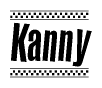 The image is a black and white clipart of the text Kanny in a bold, italicized font. The text is bordered by a dotted line on the top and bottom, and there are checkered flags positioned at both ends of the text, usually associated with racing or finishing lines.