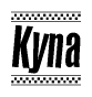 The image is a black and white clipart of the text Kyna in a bold, italicized font. The text is bordered by a dotted line on the top and bottom, and there are checkered flags positioned at both ends of the text, usually associated with racing or finishing lines.