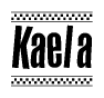 The image contains the text Kaela in a bold, stylized font, with a checkered flag pattern bordering the top and bottom of the text.