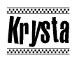 The image contains the text Krysta in a bold, stylized font, with a checkered flag pattern bordering the top and bottom of the text.
