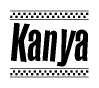 The image is a black and white clipart of the text Kanya in a bold, italicized font. The text is bordered by a dotted line on the top and bottom, and there are checkered flags positioned at both ends of the text, usually associated with racing or finishing lines.