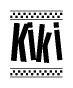 The image contains the text Kiki in a bold, stylized font, with a checkered flag pattern bordering the top and bottom of the text.