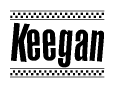 The clipart image displays the text Keegan in a bold, stylized font. It is enclosed in a rectangular border with a checkerboard pattern running below and above the text, similar to a finish line in racing. 