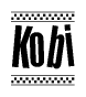 The image is a black and white clipart of the text Kobi in a bold, italicized font. The text is bordered by a dotted line on the top and bottom, and there are checkered flags positioned at both ends of the text, usually associated with racing or finishing lines.