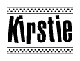 The image is a black and white clipart of the text Kirstie in a bold, italicized font. The text is bordered by a dotted line on the top and bottom, and there are checkered flags positioned at both ends of the text, usually associated with racing or finishing lines.