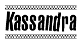 The image is a black and white clipart of the text Kassandra in a bold, italicized font. The text is bordered by a dotted line on the top and bottom, and there are checkered flags positioned at both ends of the text, usually associated with racing or finishing lines.