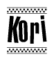 The image contains the text Kori in a bold, stylized font, with a checkered flag pattern bordering the top and bottom of the text.