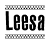 The image contains the text Leesa in a bold, stylized font, with a checkered flag pattern bordering the top and bottom of the text.