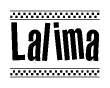 The image contains the text Lalima in a bold, stylized font, with a checkered flag pattern bordering the top and bottom of the text.
