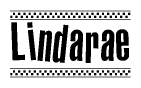 The image is a black and white clipart of the text Lindarae in a bold, italicized font. The text is bordered by a dotted line on the top and bottom, and there are checkered flags positioned at both ends of the text, usually associated with racing or finishing lines.