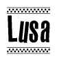 The image is a black and white clipart of the text Lusa in a bold, italicized font. The text is bordered by a dotted line on the top and bottom, and there are checkered flags positioned at both ends of the text, usually associated with racing or finishing lines.