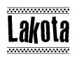 The image contains the text Lakota in a bold, stylized font, with a checkered flag pattern bordering the top and bottom of the text.