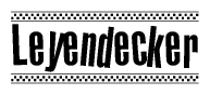 The image is a black and white clipart of the text Leyendecker in a bold, italicized font. The text is bordered by a dotted line on the top and bottom, and there are checkered flags positioned at both ends of the text, usually associated with racing or finishing lines.