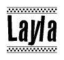 The image is a black and white clipart of the text Layla in a bold, italicized font. The text is bordered by a dotted line on the top and bottom, and there are checkered flags positioned at both ends of the text, usually associated with racing or finishing lines.