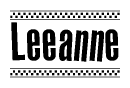 The clipart image displays the text Leeanne in a bold, stylized font. It is enclosed in a rectangular border with a checkerboard pattern running below and above the text, similar to a finish line in racing. 